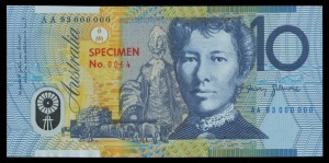 Banknotes - Australia: Decimal Banknotes: TEN DOLLARS, Fraser/Evans, (1993), Specimen polymer, AA 93 000000, Specimen no.0064, (SP31). Uncirculated and very rare. In original presentation folder.