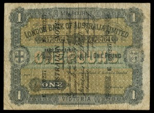 Banknotes - Australia: Pre-Decimal Banknotes: SUPERSCRIBED BANKNOTE: ONE POUND, Collins/Allen (1910), superscribed on The London Bank of Australia Limited one pound, Melbourne, (S45), undated, Z 176764 (R.S45); superscribed serial E 620237; good Fine.