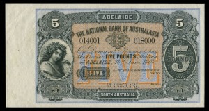 Banknotes - Australia: Pre-Decimal Banknotes: THE NATIONAL BANK OF AUSTRALASIA LIMITED, five pounds, Adelaide, 30th June 1900 (date printed), 014001 018000, unsigned specimen note, imprint of Bradbury Wilkinson & Co.Ld.Engravers & c.London. aUncirculated, and very rare.