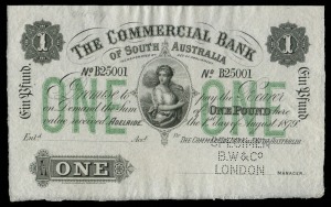 Banknotes - Australia: Pre-Decimal Banknotes: THE COMMERCIAL BANK OF SOUTH AUSTRALIA, one pound 'Ein Pfund', Adelaide, 1st day of August 1879 (date printed), No.B25001, unsigned specimen note, perforated 'Specimen B.W & Co London' in signature field, impr