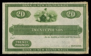 Banknotes - Australia: Pre-Decimal Banknotes: BANK OF NEW SOUTH WALES SPECIMEN TWENTY POUNDS, 19- (MVR 7f) perforated SPECIMEN and SKIPPER & EAST in Manager position; Charles Skipper & East, London imprint. Good very fine.