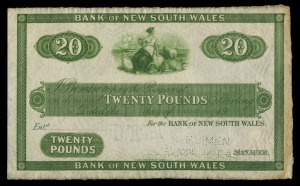 Banknotes - Australia: Pre-Decimal Banknotes: BANK OF NEW SOUTH WALES SPECIMEN TWENTY POUNDS, 19- (MVR 7f) perforated SPECIMEN and SKIPPER & EAST in Manager position; Charles Skipper & East, London imprint. Good very fine.