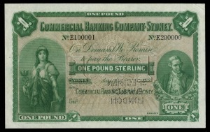 Banknotes - Australia: Pre-Decimal Banknotes: COMMERCIAL BANKING COMPANY OF SYDNEY, specimen one pound, Sydney, No E100001/E200000 (discordant number) dated 189.., with B.W. and Co London perforations,  (MVR 5a). Uncirculated and very rare.