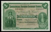 Banknotes - Australia: Pre-Decimal Banknotes: COMMERCIAL BANKING COMPANY OF SYDNEY,&nbsp;specimen one pound, Sydney, No E100001/E200000 (discordant number) dated 189.., with B.W. and Co London perforations, &nbsp;(MVR&nbsp;5a).&nbsp;Uncirculated and very rare.
