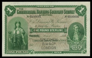 Banknotes - Australia: Pre-Decimal Banknotes: COMMERCIAL BANKING COMPANY OF SYDNEY, Specimen one pound, Sydney, No E400001/E600000 (discordant number) dated 189.., with B.W. and Co London perforations,  (MVR 5b). Uncirculated and very rare.