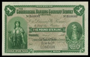 Banknotes - Australia: Pre-Decimal Banknotes: COMMERCIAL BANKING COMPANY OF SYDNEY, Specimen one pound, Sydney, No E400001/E600000 (discordant number) dated 189.., with B.W. and Co London perforations, (MVR 5b). Uncirculated and very rare.
