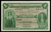 Banknotes - Australia: Pre-Decimal Banknotes: COMMERCIAL BANKING COMPANY OF SYDNEY,&nbsp;Specimen one pound, Sydney, No E400001/E600000 (discordant number) dated 189.., with B.W. and Co London perforations, &nbsp;(MVR&nbsp;5b).&nbsp;Uncirculated and very rare.