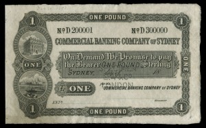 Banknotes - Australia: Pre-Decimal Banknotes: THE COMMERCIAL BANKING COMPANY OF SYDNEY, Sydney, Specimen one pound, undated as 18.. only (printed), uniface, discordant serial numbers No.D200001 - D300000, perforated 'SPECIMEN/BW & Co/LONDON', no watermark, imprint of Bradbury Wilkinson & Co Engravers & c London at base, mss in pencil at upper left 'Dec 10 - 1890' .(MVR4a).