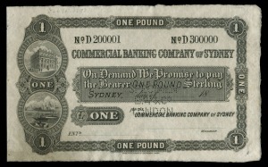 Banknotes - Australia: Pre-Decimal Banknotes: THE COMMERCIAL BANKING COMPANY OF SYDNEY, Sydney, Specimen one pound, undated as 18.. only (printed), uniface, discordant serial numbers No.D200001 - D300000, perforated 'SPECIMEN/BW & Co/LONDON', no watermark