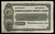 Banknotes - Australia: Pre-Decimal Banknotes: THE COMMERCIAL BANKING COMPANY OF SYDNEY,&nbsp;Sydney, Specimen one pound, undated as 18.. only (printed),&nbsp;uniface, discordant serial numbers No.D200001 - D300000, perforated 'SPECIMEN/BW & Co/LONDON', no watermark
