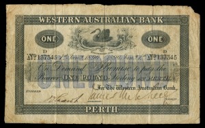 Banknotes - Australia: Pre-Decimal Banknotes: WESTERN AUSTRALIAN BANK, one pound, Perth, 1st Jany. 1896, No. D 137345 (MVR 3c) signed James Mitchell, Manager and countersigned by J. Shaw, Accountant, no watermark, imprint of 'Bradbury Wilkinson & Co Engravers &c London', vignette of swan in wreath, and ornamental oval tablets with 'ONE' on upper left and right,. Corner missing, heavy folds and creases, otherwise nearly fine and very rare as an issued note.Ex. Dr. Alan Nicholson Collection, Noble