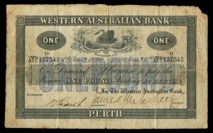 Banknotes - Australia: Pre-Decimal Banknotes: WESTERN AUSTRALIAN BANK, one pound, Perth, 1st Jany. 1896, No. D 137345 (MVR 3c) signed James Mitchell, Manager and countersigned by J. Shaw, Accountant, no watermark, imprint of 'Bradbury Wilkinson & Co Engra