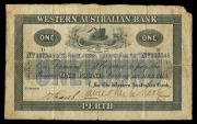 Banknotes - Australia: Pre-Decimal Banknotes: WESTERN&nbsp;AUSTRALIAN BANK,&nbsp;one pound, Perth, 1st Jany. 1896, No. D 137345 (MVR 3c) signed James Mitchell, Manager and countersigned by J. Shaw, Accountant,&nbsp;no watermark, imprint of 'Bradbury Wilkinson & Co Engra