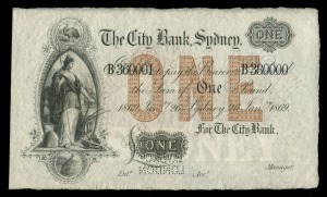 Banknotes - Australia: Pre-Decimal Banknotes: THE CITY BANK, Sydney, One pound, 26 Janry 1869 (date fully printed), B360001/B380000 (discordant serial numbers), printed both sides, officially perforated 'SPECIMEN/B.W. & Co/ LONDON' (in three lines), imprint of Bradbury Wilkinson & Co Engravers, London below vignette, (MVR type 2c). Uncirculated and very rare.