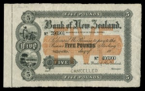 BANKNOTES - World: New Zealand: BANK OF NEW ZEALAND, Five Pounds sterling, Wellington, (19- printed), discordant numbers No.396901 - No.406900, printed both sides, officially perforated 'CANCELLED', imprint of Bradbury Wilkinson & Co.Ld. Engravers & c. London, '15 Jan '02' handwritten in pencil at top left and with perforated counterfoil still attached. Uncirculated.