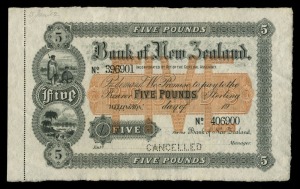 BANKNOTES - World: New Zealand: BANK OF NEW ZEALAND, Five Pounds sterling, Wellington, (19- printed), discordant numbers No.396901 - No.406900, printed both sides, officially perforated 'CANCELLED', imprint of Bradbury Wilkinson & Co.Ld. Engravers & c. Lo