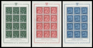 POLAND:1946 (Mi.445-7) International Bureau of Education set of 3, each in a complete sheet of 12, superb MUH. (36).