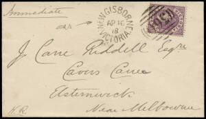 1878 (Apr.16) New Gisborne - Elsternwick "near Melbourne" cover franked 2d, tied by BN "360" with unframed New Gisborne alongside, the date being the Earliest recorded. Backstamps incl. unframed Elsternwick, Up Train and Melbourne. Very fine.