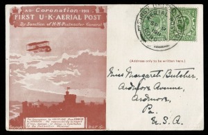 GREAT BRITAIN - Aerophilately & Flight Covers:9 Sept.1911 Coronation Airmail postcard with handwritten message verso, FU to Pennsylvania, U.S.A.