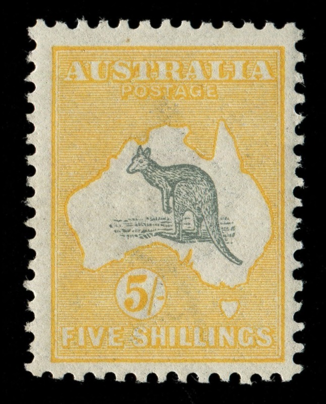 Kangaroos - First Watermark: 5/- Grey & Yellow, very well centred and fresh, MVLH (almost **).