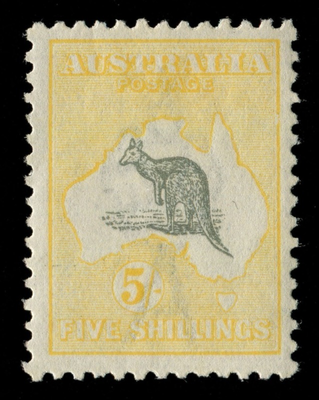 Kangaroos - Third Watermark: 5/- Grey & Pale Yellow, superbly centred ...