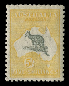 Kangaroos - Third Watermark: 5/- Grey & Yellow, superbly centred and fresh MLH.