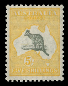 Kangaroos - Small Multiple Watermark: 5/- Grey & Yellow-Orange, a lovely MLH single; very well centred.