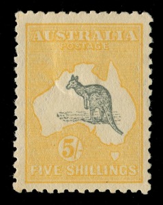 Kangaroos - Second Watermark: 5/- Deep Grey & Yellow, superbly centred Mint example; gum slightly "tropicalized". Cat.$1500. (SG.£1000).