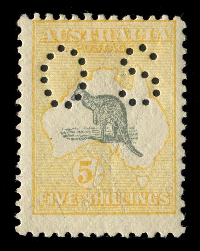 Kangaroos - Third Watermark: 5/- Grey & Pale-Yellow, perforated OS (SG.O50 - £700); a fresh MVLH example (tiny trace of previous hinge mentioned for accuracy).