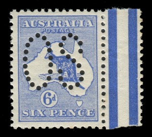 Kangaroos - First Watermark: 6d Ultramarine, marginal single perforated Large OS, MUH. Magnificent example! (SG.O8). BW:17bb - $1000.