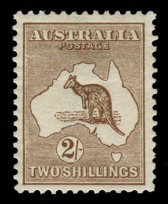 Kangaroos - First Watermark: 2/- Brown, very attractively centred and fresh Mint. Cat.$650.