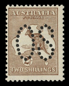 Kangaroos - First Watermark: 2/- Brown, perforated Large OS, MVLH (slight trace of previous hinge mentioned for accuracy!). (SG.O11) [BW:35ba - $1750].