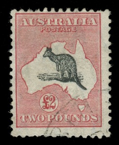 Kangaroos - CofA Watermark: £2 Grey-Black & Rose-Crimson, an attractively used example with variety "Break in northern coast of Western Australia" [BW:58(D)e - $1300]; cpl. nibbed perfs.