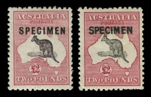 Kangaroos - Third Watermark: £2 Grey-Black & Crimson with SPECIMEN (Type B) overprint; also £2 Purple-Black & Rose with SPECIMEN (Type C) overprint, (2); both hinged. Cat.$1100.