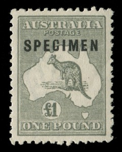 Kangaroos - Third Watermark: £1 Grey, overprinted SPECIMEN, Type C with variety "Shaved P in overprint" superb ** condition. [BW:53xf -  $1000, but unpriced **].