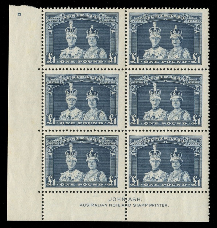 1938 (SG.178) £1 Robes (Thick paper) Ash Imprint blk.(6) which unusually retains the perf pip at left, MUH.