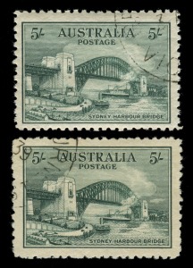 1932 (SG.143) 5/- Sydney Harbour Bridge, CTO, (2, one with full gum).