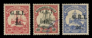 NEW GUINEA - 'G.R.I.' Overprints: 1914 (SG.53, 56 & 63) Marshall Island overprints: 2d on 20pfg blue (mint), 4d on 40 pfg black & carmine (FU) and 1 on 2d on 10pfg carmine (Mint), (3). Cat.£475.