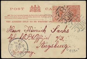 1902 (Dec.31) Bayswater - Germany, 1d postal card up-rated 1d, with 2 strikes of BN "MCC/82" and unframed Bayswater alongside in blue.