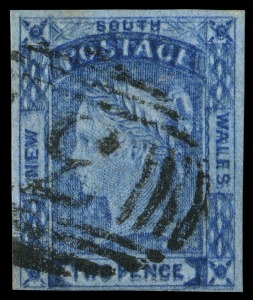 NEW SOUTH WALES: 1851-55 (SG.52 var.) 2d ultramarine  Laureate, no wmk Plate 1, Imperforate on blue to greyish wove paper, showing strong "double print", FU with four margins. With RPSV [2009] Cert.