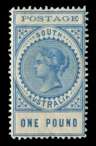 SOUTH AUSTRALIA: 1855-1912 Collection on Seven Seas album pages with used imperf 1d, 2d (2), 6d & 1/- (4 margins, fragment of adjoining stamp at base), rouletted 2d & 6d, perforated issues incl. 1870-71 3d on 4d Perf.10 Overprinted in Red, 1886-96 £15 silver optd 'SPECIMEN', simplified 1902-12 Long Toms with 2/6d & 5/- used and mint 3d to 1/- plus 10/- Thick 'POSTAGE' (Cat. £200) & £1 Thin 'POSTAGE' (Cat.£500); condition variable though many are fine. Inspection suggested. (61)