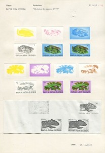 PAPUA NEW GUINEA:PROOFS: 1978 (SG.346-49) Skinks (Fauna Conservation): complete set of Courvoisiers' original colour separations and completed designs (without denominations), all IMPERFORATE and affixed to the official Archival pages [#1658/45. 1659/46 &