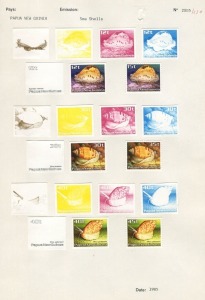 PAPUA NEW GUINEA:PROOFS: 1986 (SG.516-19) Sea Shells: complete set of Courvoisiers' original colour separations and completed designs (without denominations), all IMPERFORATE and affixed to the official Archival pages [#2005/23A & 2005/23B]. in the follow