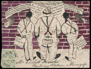 1904 (Oct.31) a superb illustrated 'pharmaceutical' cover, Murgheboluc - Minyip Railway Station, franked with &frac12;d pair, with Geelong, Murtoa and Minyip '888' duplex backstamps. Much eye appeal, Exhibition quality.