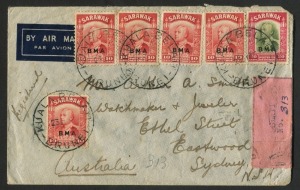 BRUNEI: POSTAL HISTORY: 1946 Kuala Belait registered airmail cover to Sydney with 'BMA' overprints on Sarawak 10c (5) & 20c tied by Australian-type 'KUALA BELAIT/BRUNEI' datestamps, black/pink registration label; backstamps include 'BRUNEI/BRUNEI' transi