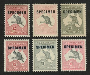 Kangaroos - Collections & Accumulations: SPECIMEN' SELECTION with Type C overprint on Third Wmk £1 Grey (aged) & SMult Wmk 10/-, Type D overprint on 10/-, £1 & £2 (2, one with surface fault); BW Cat. $1320.