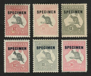 Kangaroos - Collections & Accumulations: SPECIMEN' SELECTION with Type C overprint on Third Wmk £1 Grey (aged) & SMult Wmk 10/-, Type D overprint on 10/-, £1 & £2 (2, one with surface fault); BW Cat. $1320.