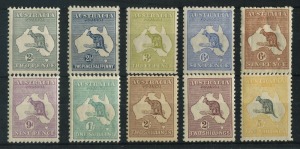 Kangaroos - Third Watermark: 2d to 5/- including 3d Die I, 6d blue Die II, 6d chestnut Die IIB, 9d Die II, 1/- Die II, 2/- brown (aged gum) & 2/- maroon; 5/- few tonespots on perfs (gumside), centring variable, generally fine MLH, Cat. $1800+. (10)