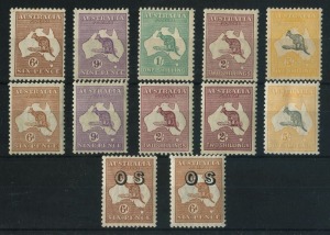 Kangaroos - Collections & Accumulations: Selection with SMult to 5/- (well centred, tanned gun), CofA Wmk 6d to 2/- (both dies) & 5/-, plus 6d optd 'OS', for both watermark types; generally fine MLH; Cat $1400+