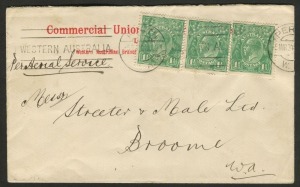 KGV Heads - Single Watermark: 1½d Green (3) tied by PERTH machine cancel on 5 March 1924 commercial cover, flown to Broome by Western Australian Airways.